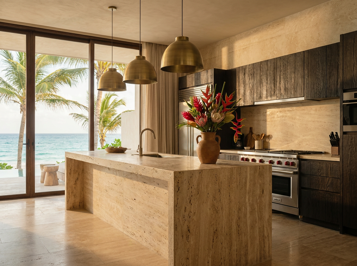 Cocina de autor con isla de travertino