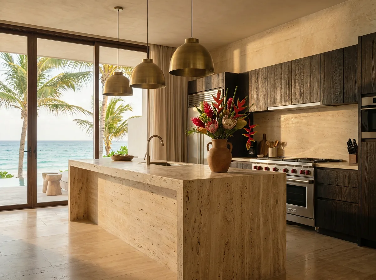 Cocina de autor con isla de travertino