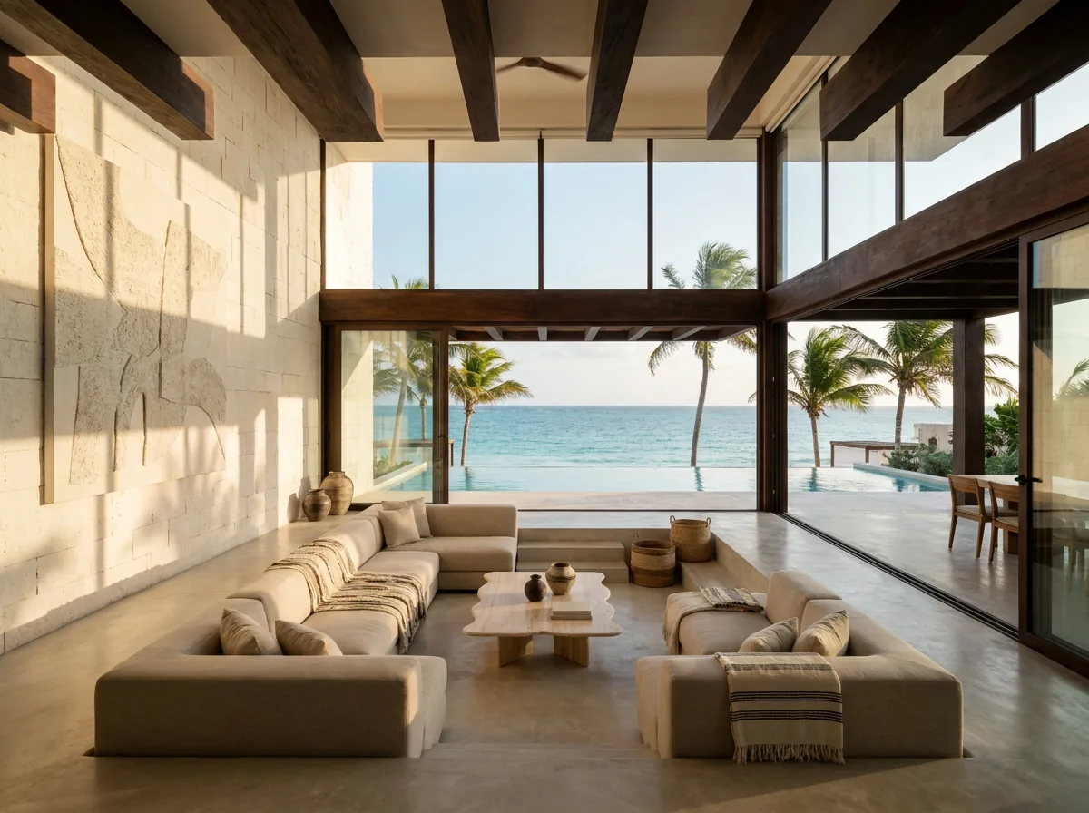 Sala principal de doble altura con vista al mar