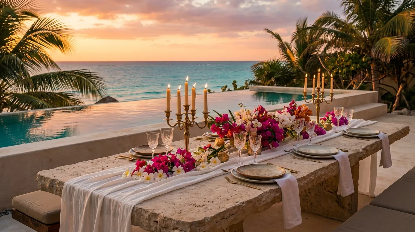 Terraza al atardecer con mesa preparada para cena