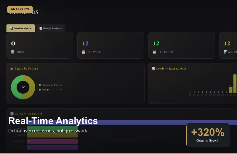 Real-time analytics dashboard showing 320 percent organic traffic growth