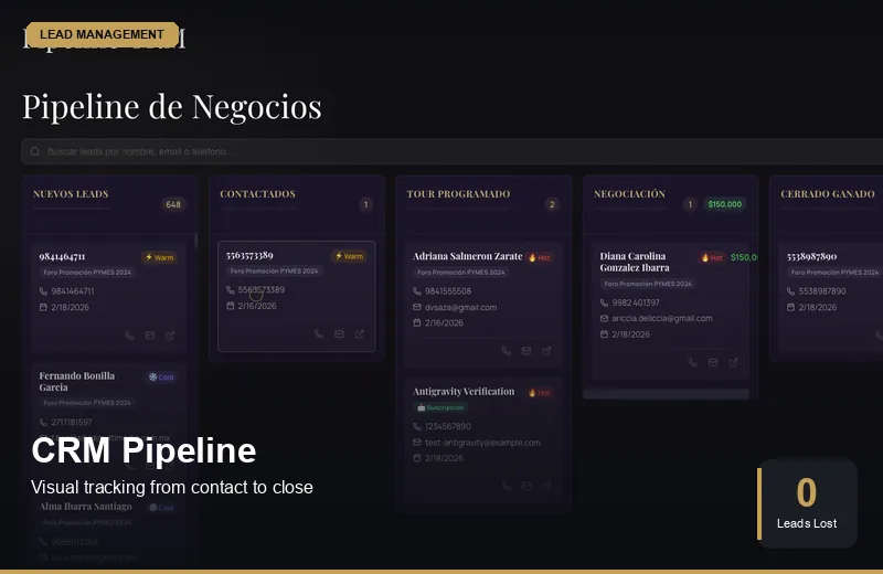 Visual CRM pipeline with drag-and-drop lead tracking
