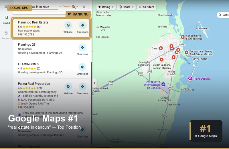 Real Estate Flamingo ranking number 1 on Google Maps in Cancun