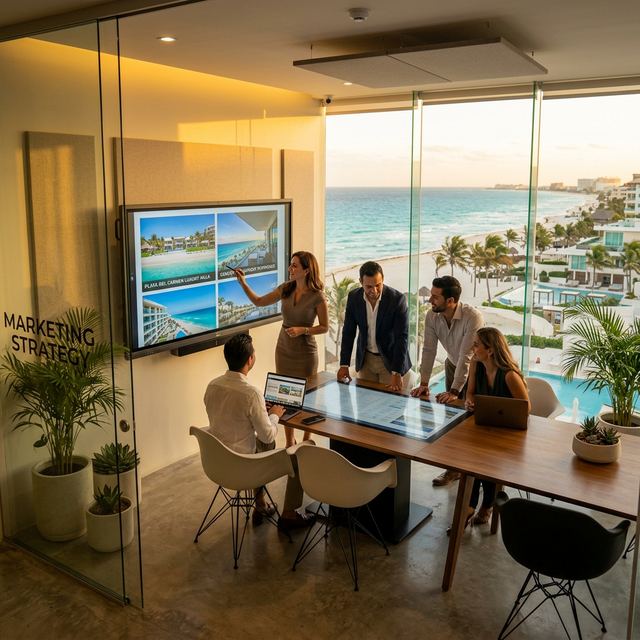 Equipo profesional de agencia de marketing inmobiliario en Cancún revisando estrategias digitales para propiedades de lujo frente al Caribe