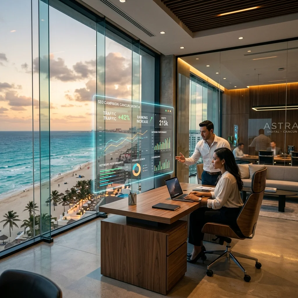 Agencia SEO corporativa en Cancún analizando métricas de marketing AEO