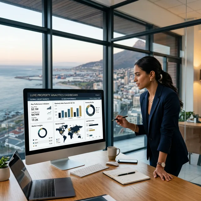 Moderno dashboard analítico para inmobiliarias detallando métricas de marketing en México