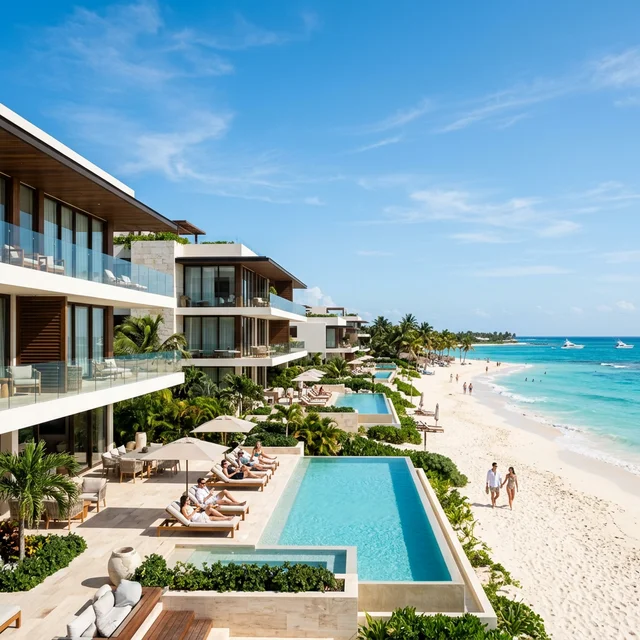 Lujoso desarrollo inmobiliario frente a la playa en México, promocionado por agentes de marketing