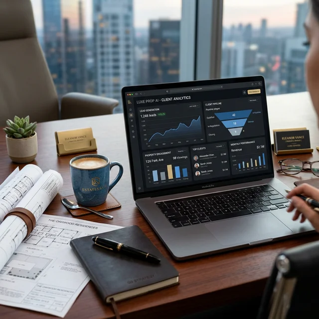 A premium dark-mode analytic dashboard on a laptop analyzing luxury real estate clients and lead flow