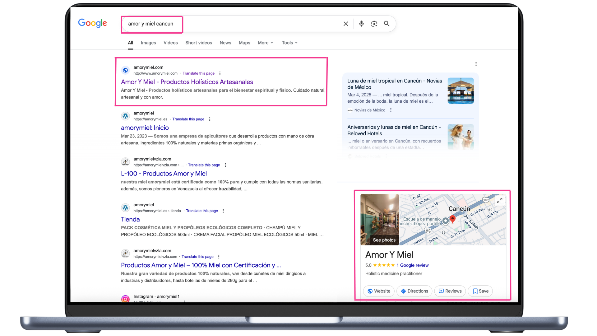 Captura real de Google mostrando un cliente posicionado #1 en los resultados locales y en Google Maps con Perfil de Negocio completo