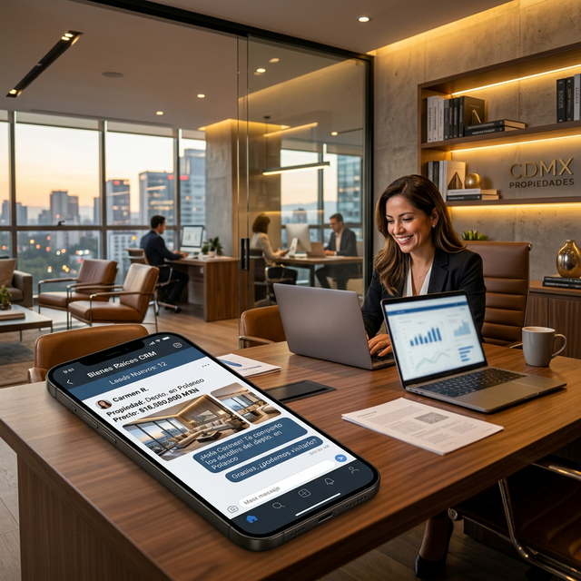 Oficina inmobiliaria moderna en la Ciudad de México con software CRM y automatización de ventas en un smartphone