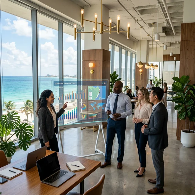 Equipo profesional de marketing inmobiliario analizando datos de propiedades en Cancún frente a un smartboard con vista al mar Caribe