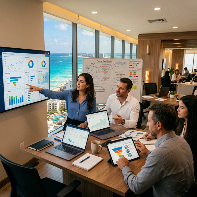 Equipo de ventas inmobiliarias en Cancún analizando métricas de generación de leads en dashboards digitales con vista al Caribe