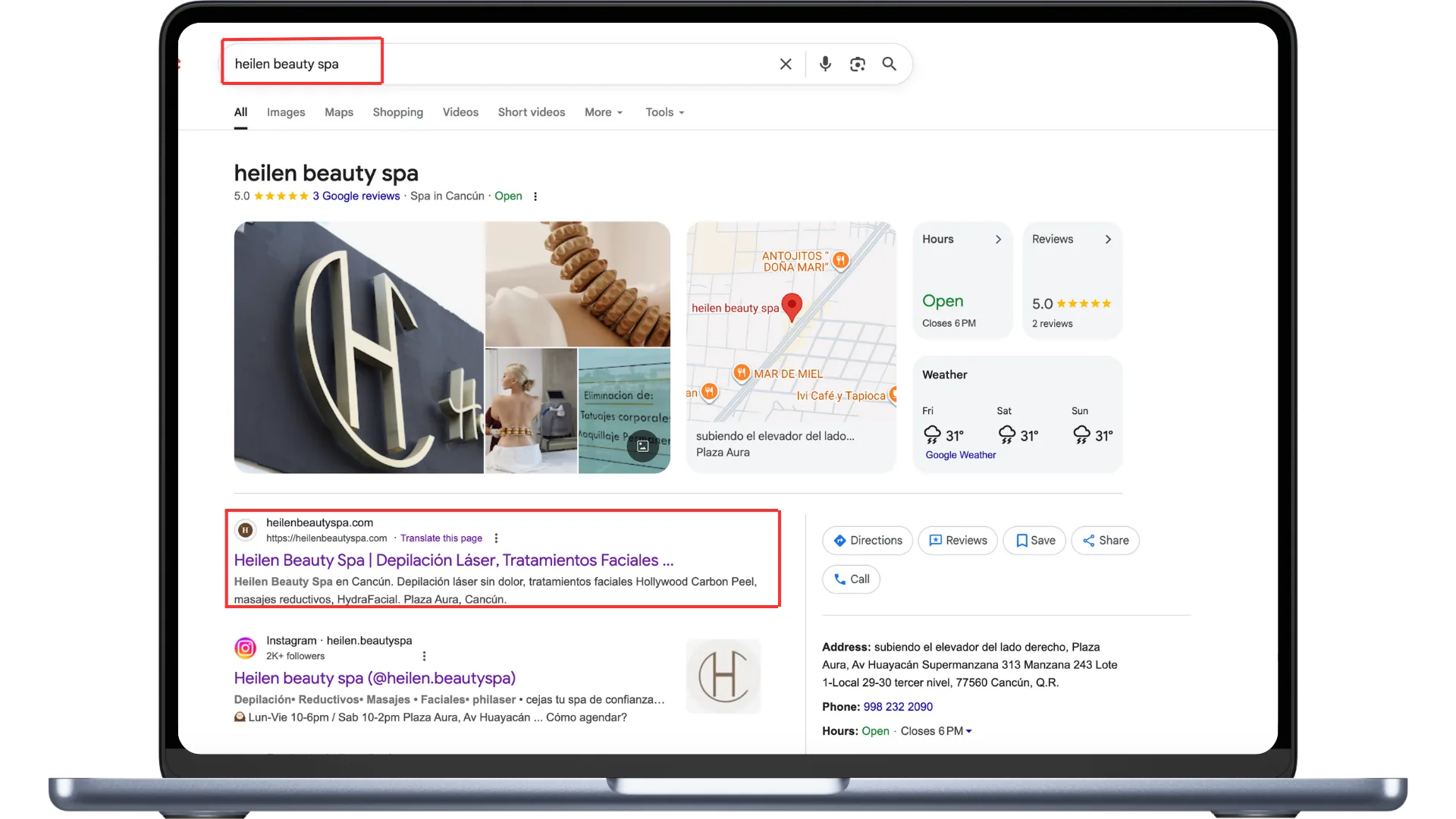 Resultado real de un Perfil de Negocio de Google correctamente optimizado, cliente de JegoDigital ranqueado #1 con 5 estrellas y horarios visibles