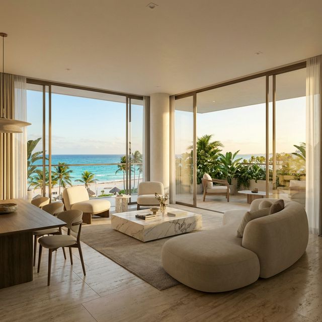 Modern luxury beachfront condominium interior with ocean views in Mexico — premium real estate investment property with marble floors and designer furniture