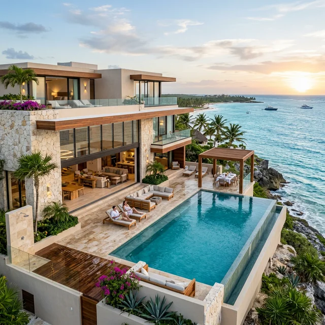 Exterior shot of an ultra-luxury oceanfront villa in Los Cabos, Mexico meant for high-net-worth foreign buyers