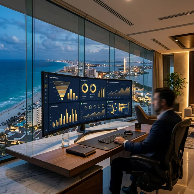 Dashboard de CRM predictivo para marketing inmobiliario mostrando embudos de conversión de leads y métricas de Google Ads en oficina de Cancún
