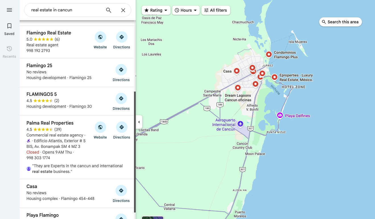 Flamingo Real Estate posición #1 en Google Maps Cancún - caso de éxito marketing inmobiliario con IA