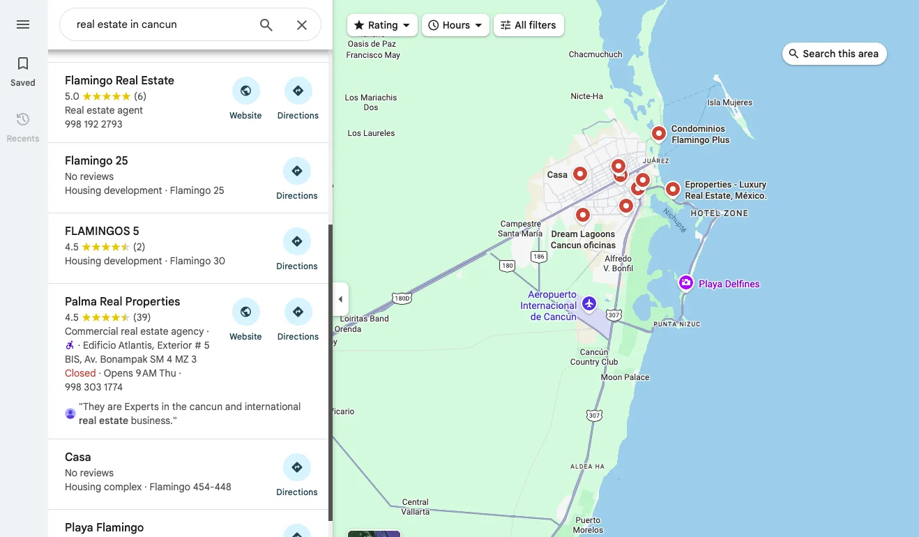 Google Maps visibility example for a Cancun real estate business