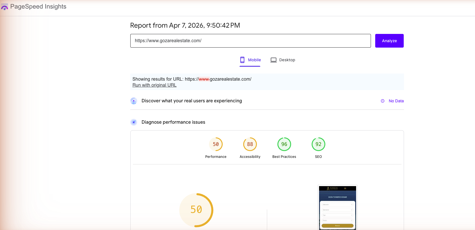 Goza Real Estate PageSpeed Score 98 — resultado de optimización técnica SEO