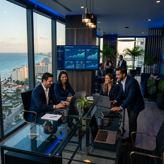 Oficina moderna de agencia de marketing inmobiliario en Cancún con equipo analizando dashboards digitales de rendimiento y conversión de leads