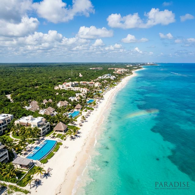 Aerial view of the Riviera Maya coastline showing luxury beachfront resorts, turquoise Caribbean sea, and tropical jungle — Mexico's fastest-growing real estate market