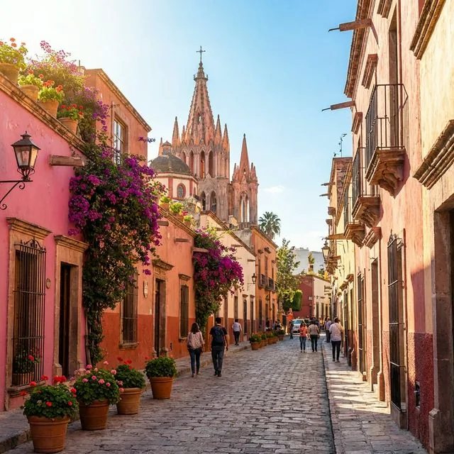 Colorful colonial streets of San Miguel de Allende Mexico with pink facades, bougainvillea flowers, cobblestone streets, and the iconic Parroquia church, top expat destination for real estate investment