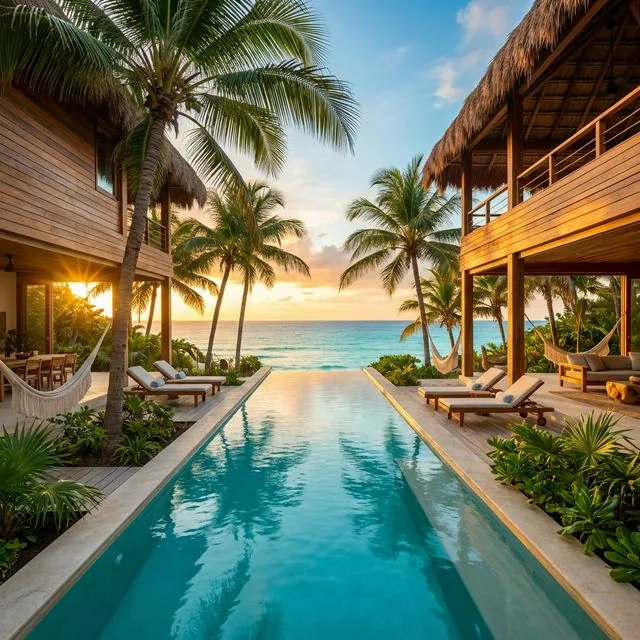 Luxury infinity pool at a private villa in Tulum Mexico overlooking the Caribbean Sea at sunset with palm trees and eco-luxury wooden architecture, premium vacation rental investment property
