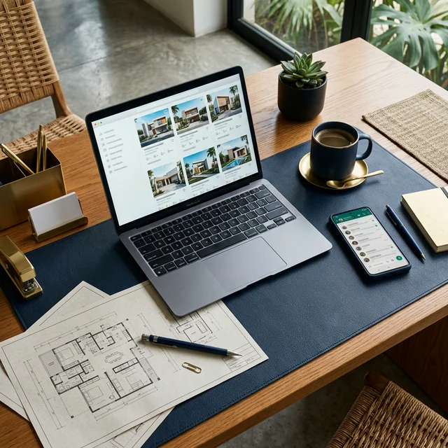 Escritorio de agente inmobiliario en México con smartphone mostrando conversación de WhatsApp, laptop con listados de propiedades y planos arquitectónicos