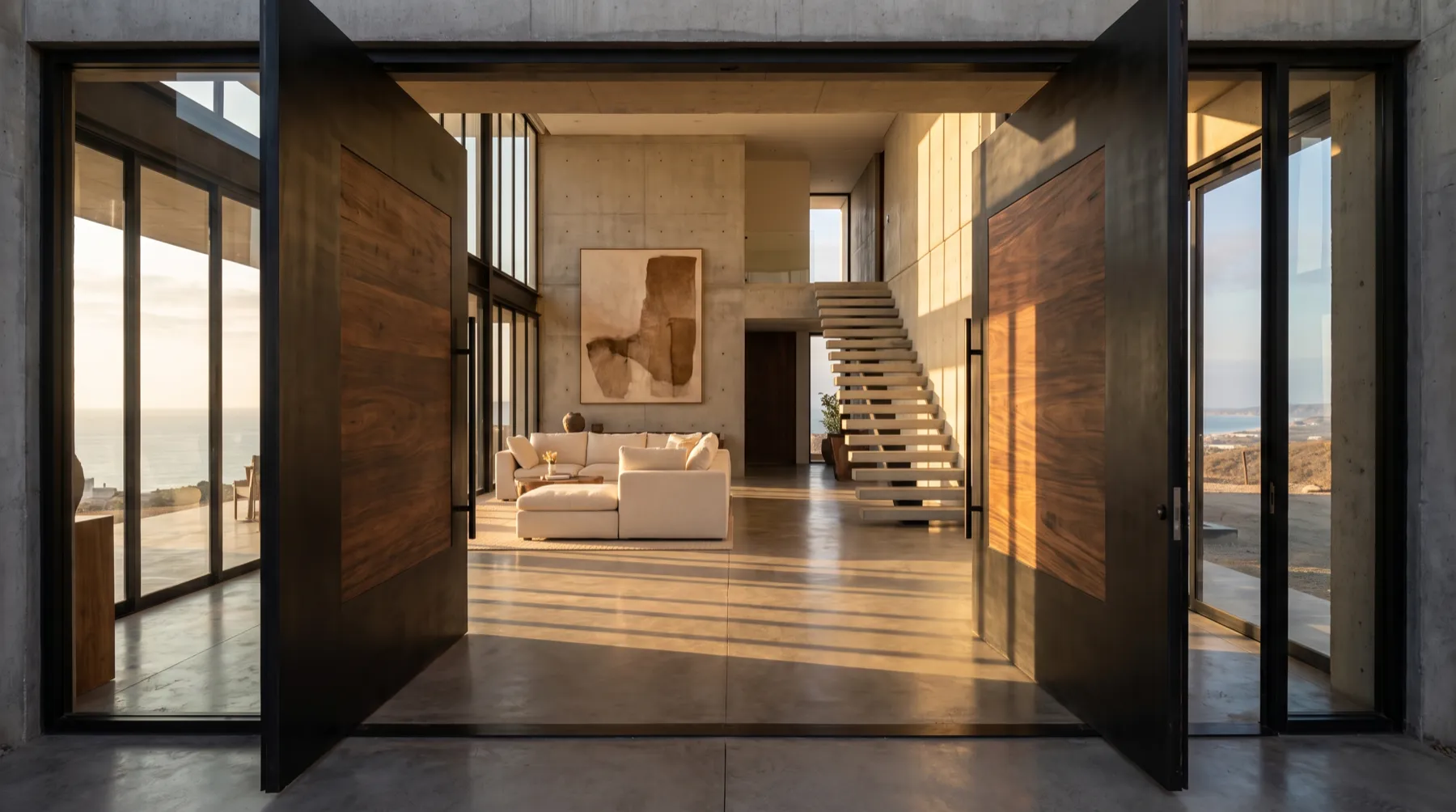 Puerta pivotante de acero y parota