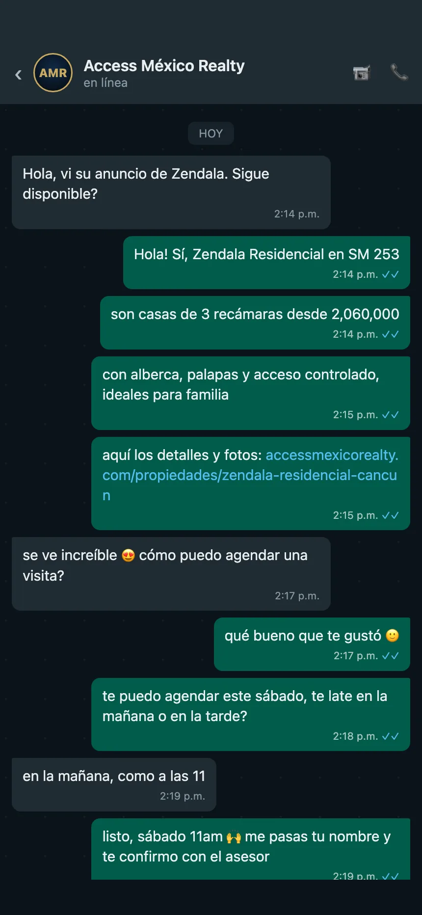 Mary, the Access Mexico Realty WhatsApp AI agent, closing a sale