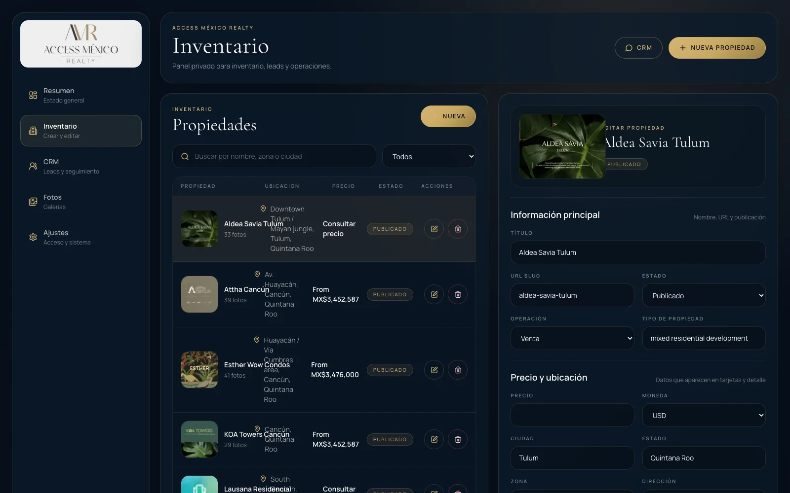 Access México Realty listing editor