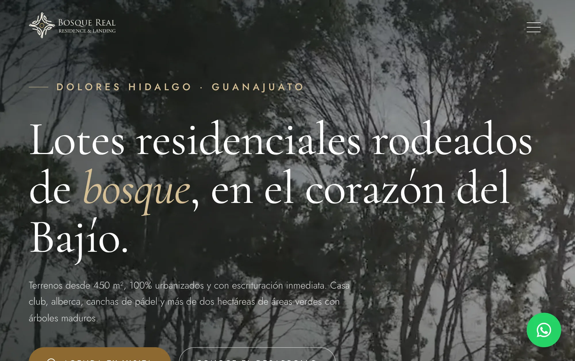 Bosque Real Residence & Landing desktop website &mdash; residential lots in Dolores Hidalgo, Guanajuato
