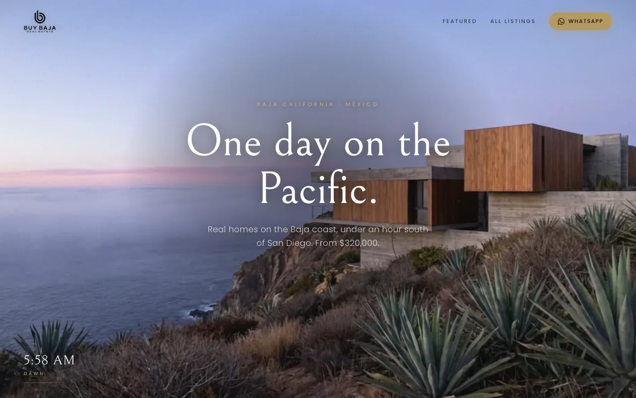 Buy Baja scroll-film website desktop preview — dawn on the Pacific cliff