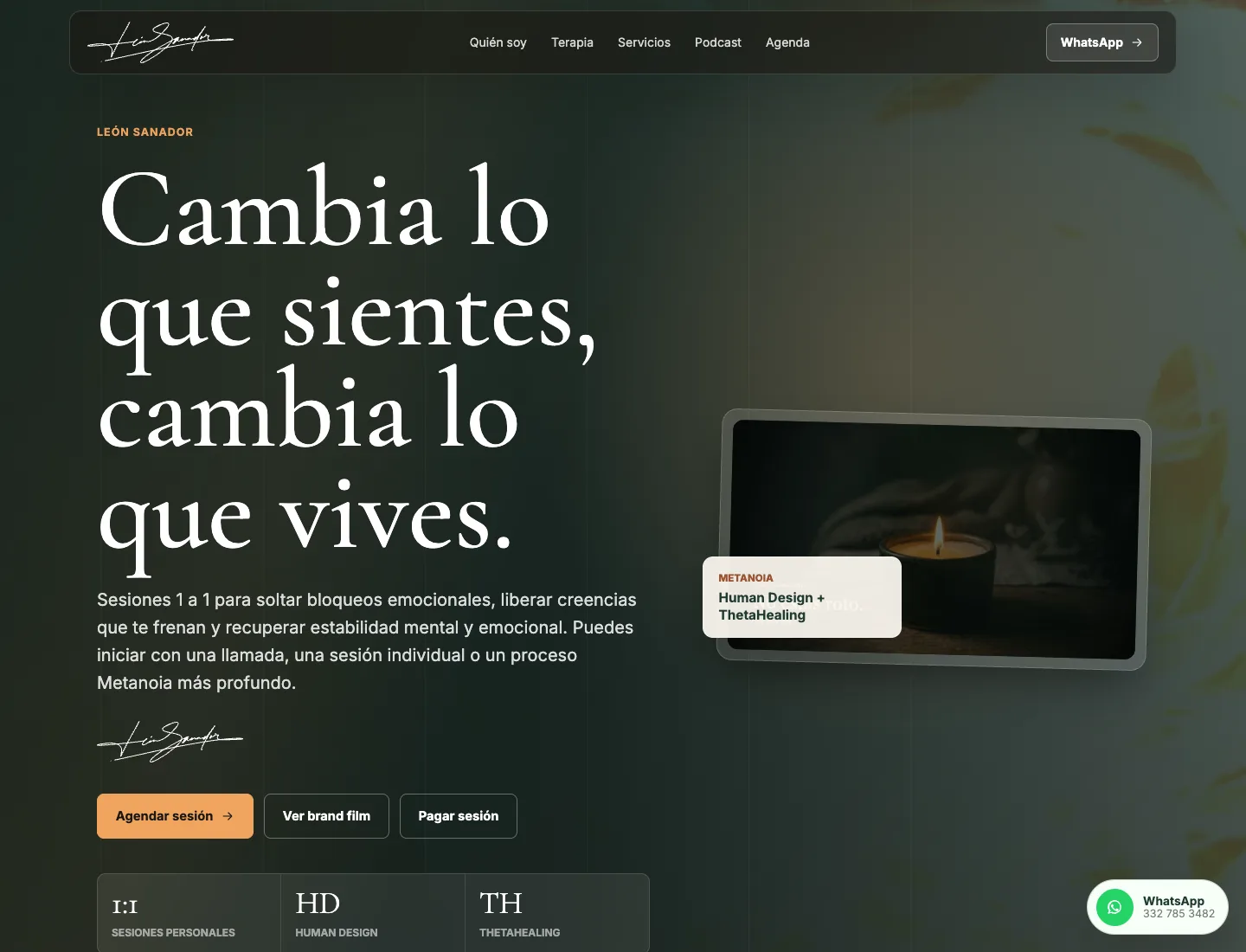 León Sanador premium homepage with cinematic healing brand positioning