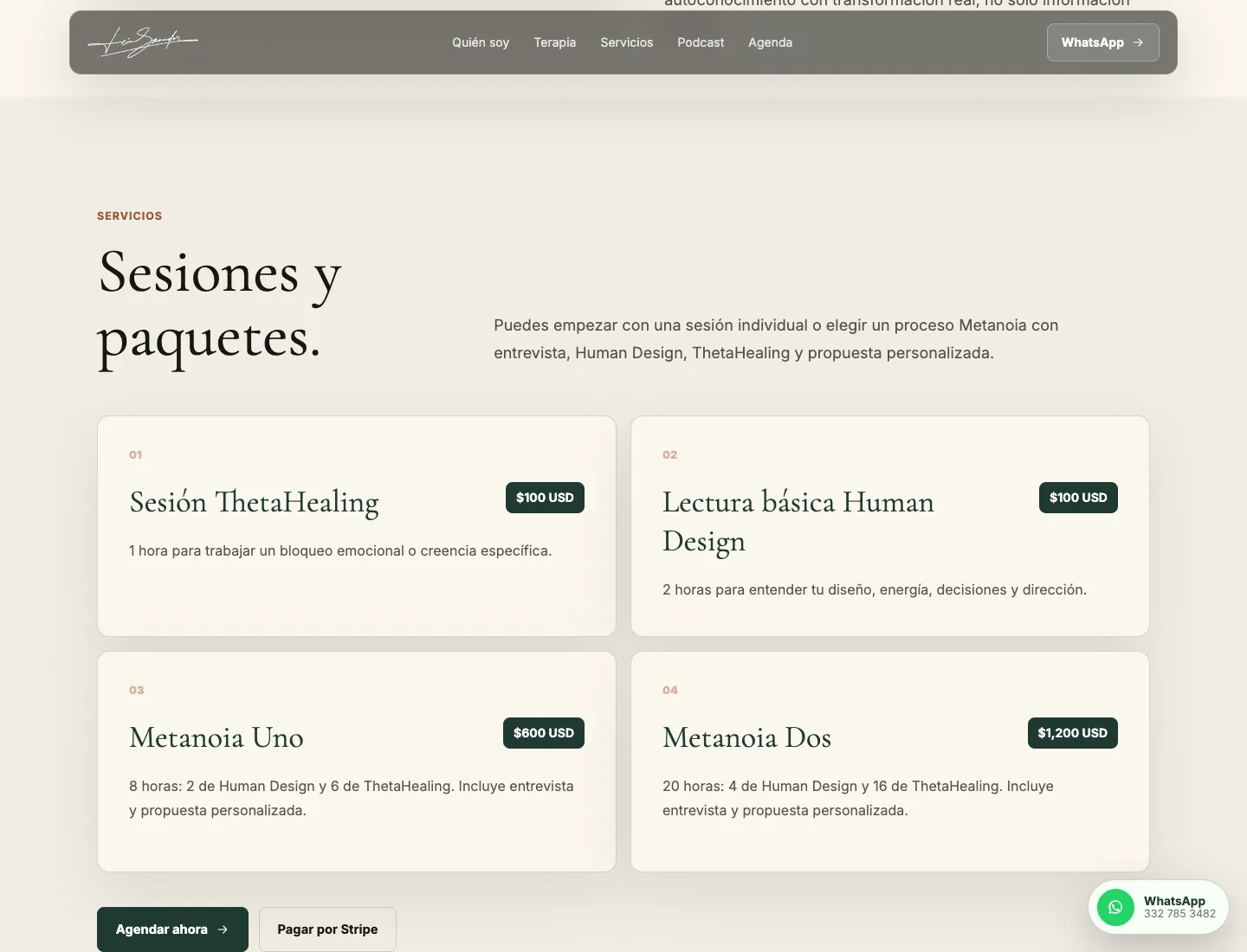 León Sanador services and Stripe payment flow