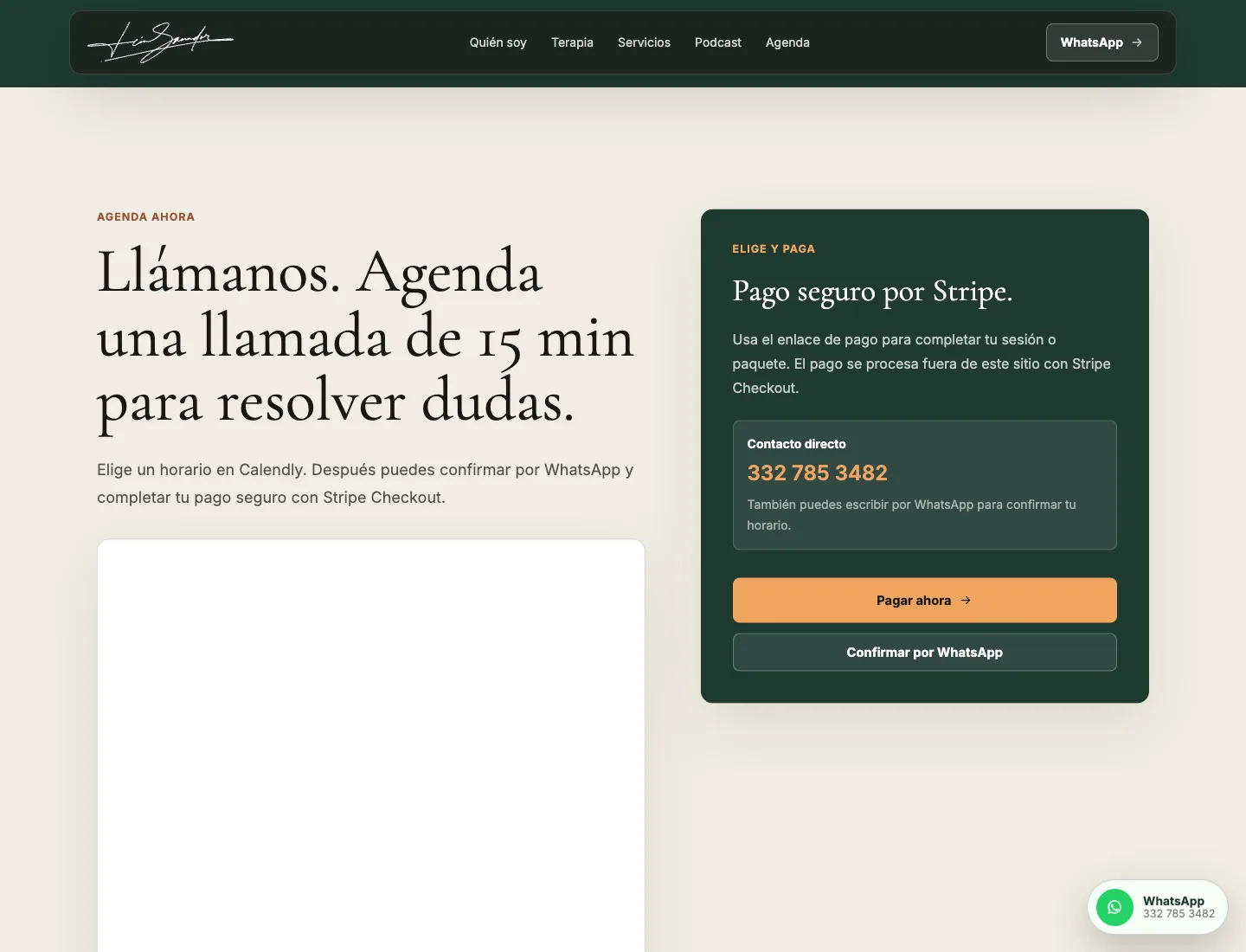 León Sanador Calendly and WhatsApp conversion section