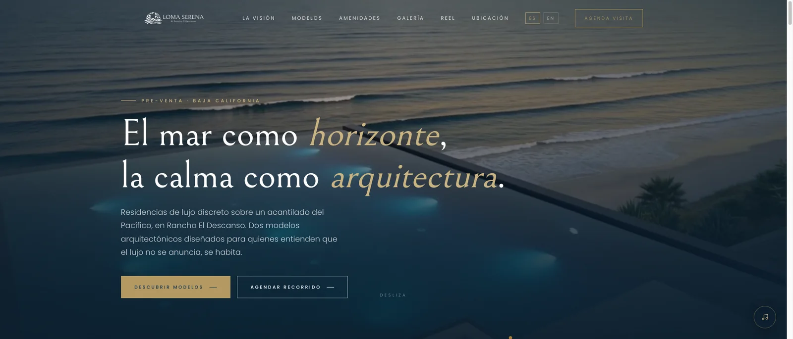 Loma Serena bilingual luxury real estate homepage hero with autoplay ambient video
