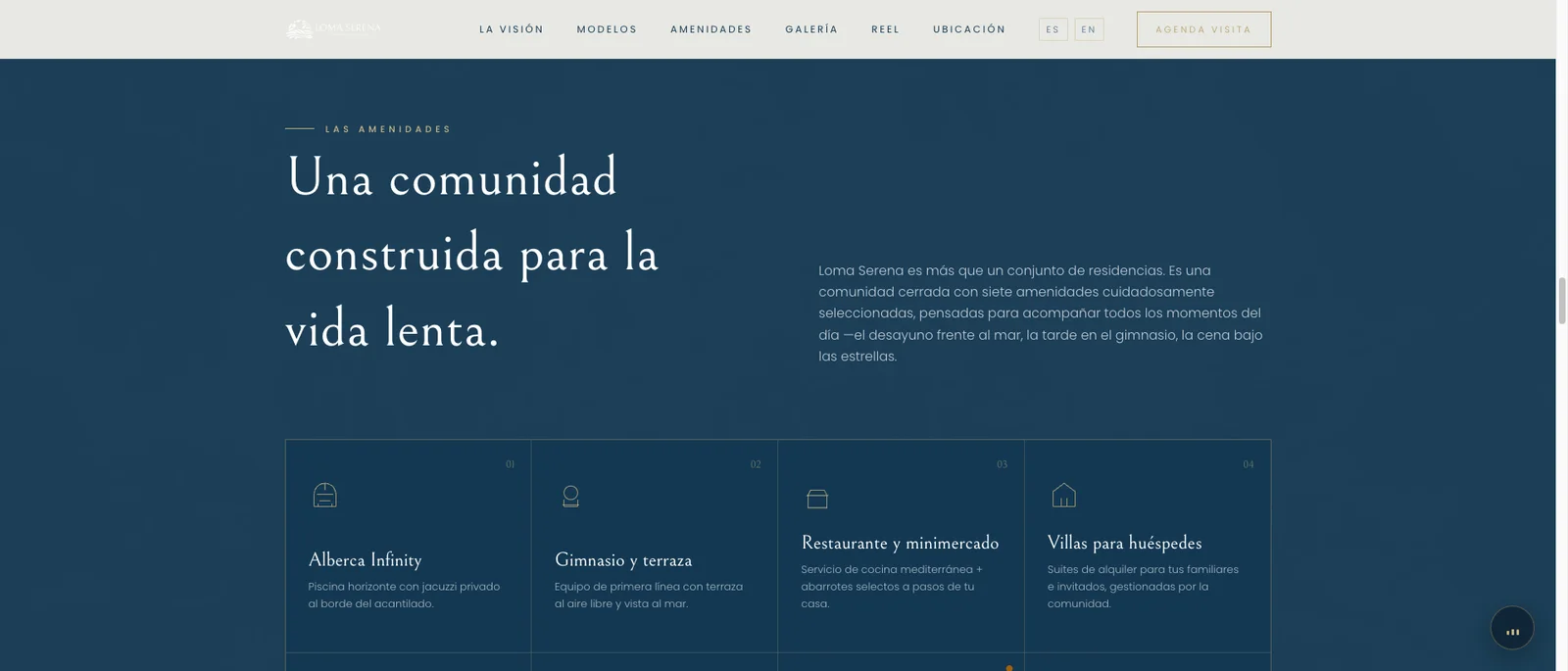 Loma Serena 7 amenities grid on dark navy section