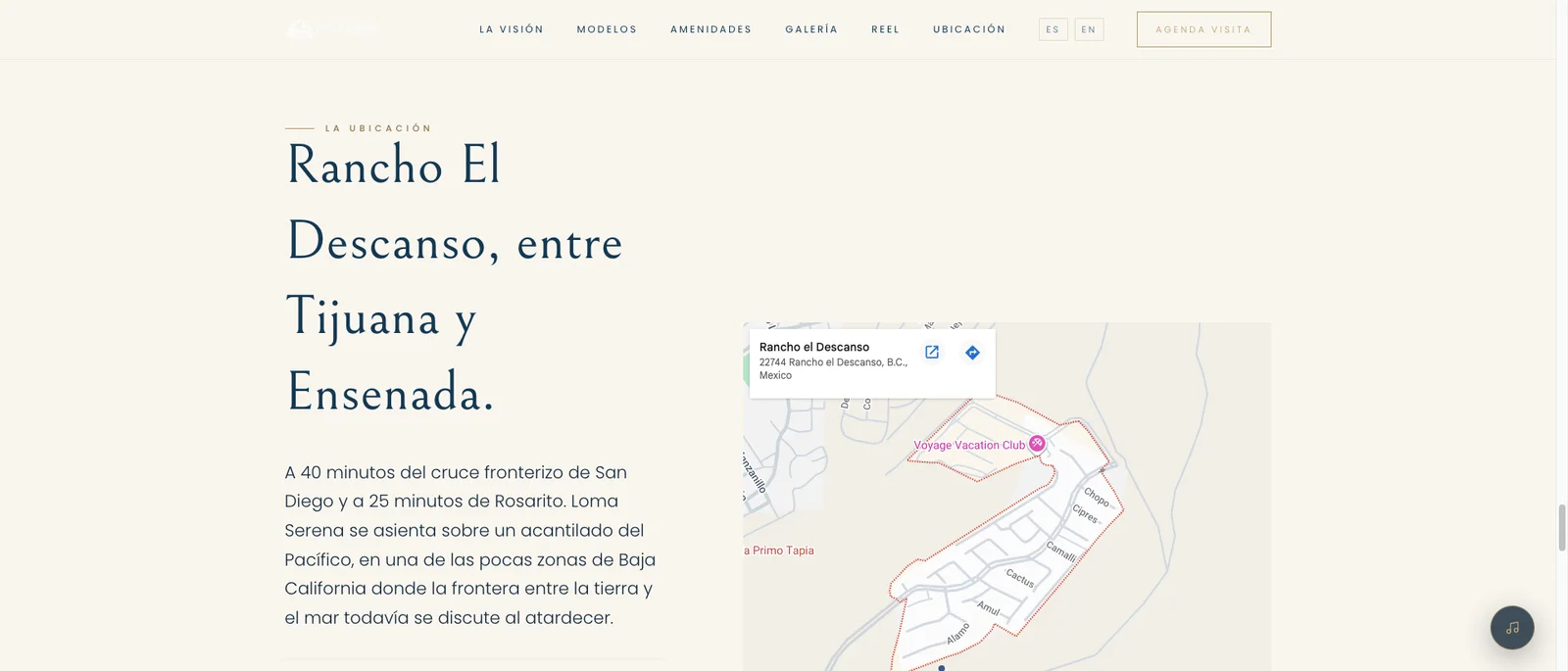 Loma Serena location section with map and distance points