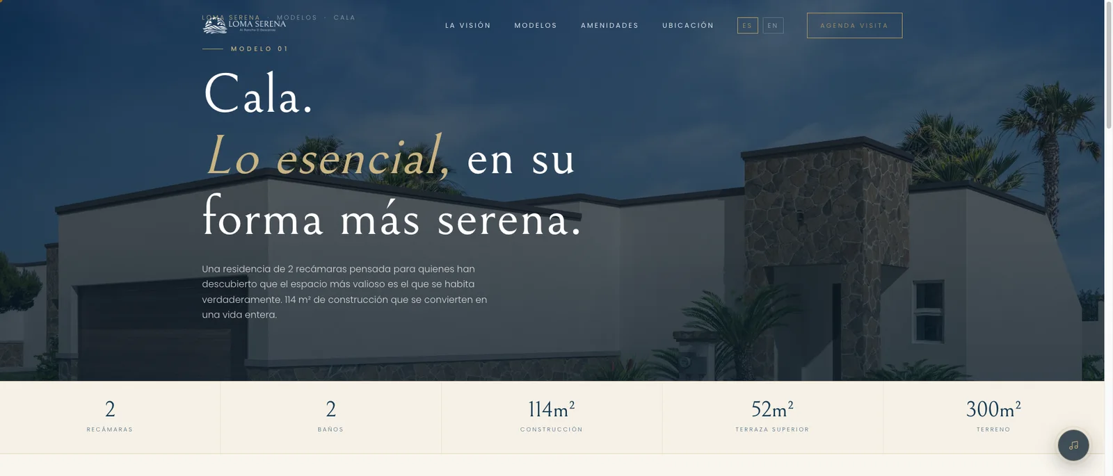 Cala model detail page with floor specs and gallery