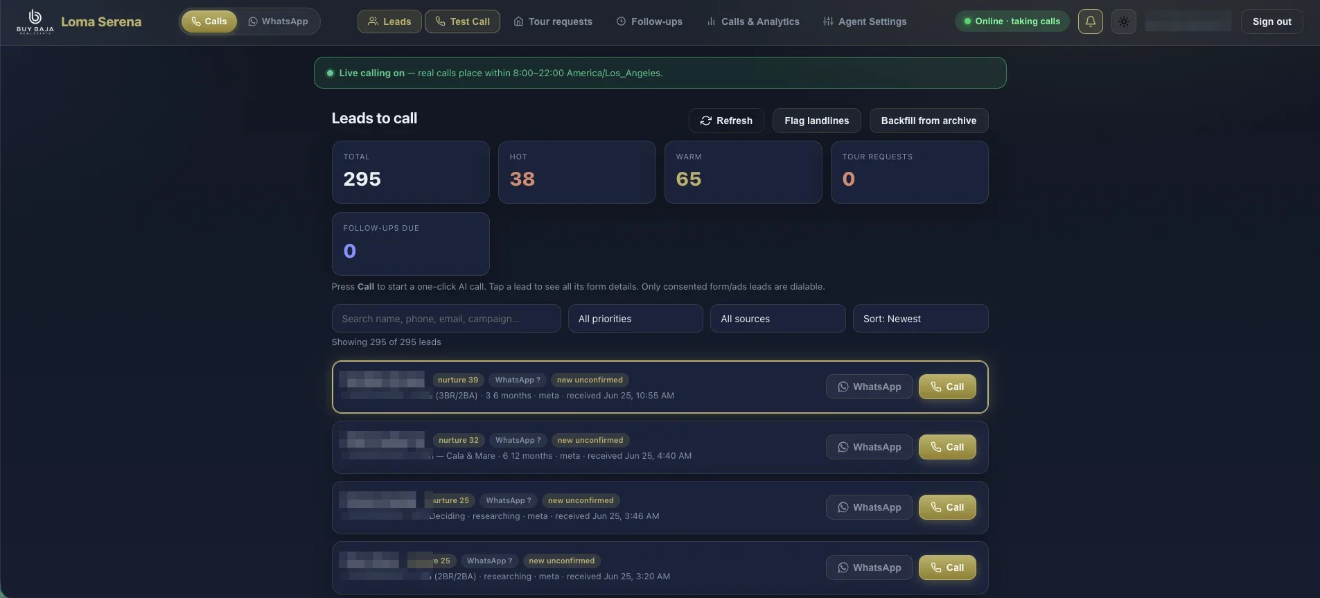 Loma Serena AI call center dashboard — every lead worked automatically 24/7