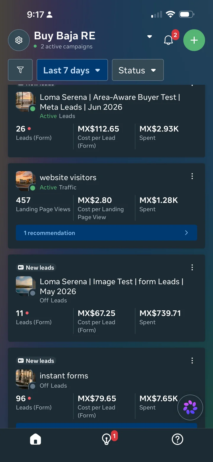 Mobile Meta Ads proof for Loma Serena campaigns