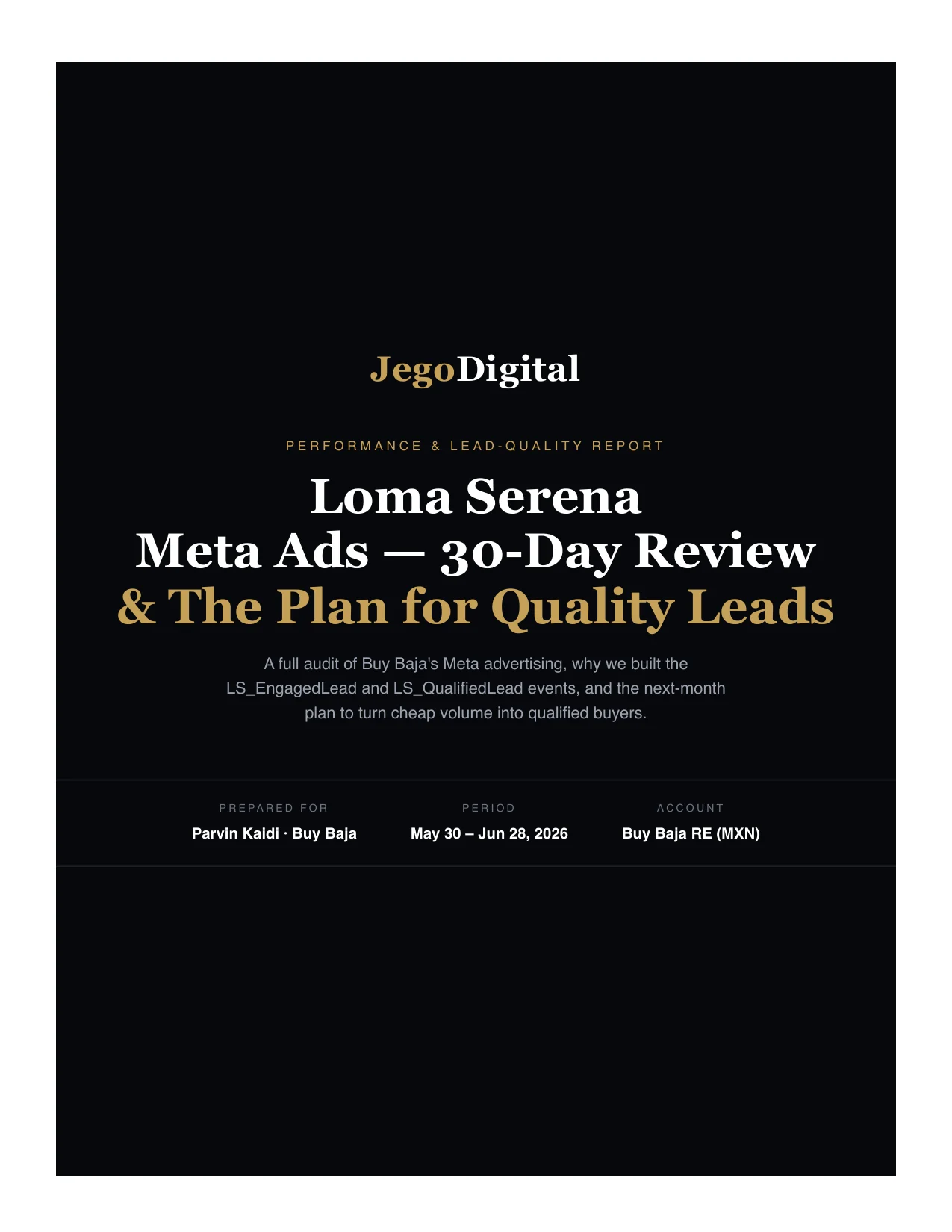 Cover of the JegoDigital monthly Meta Ads report for Loma Serena