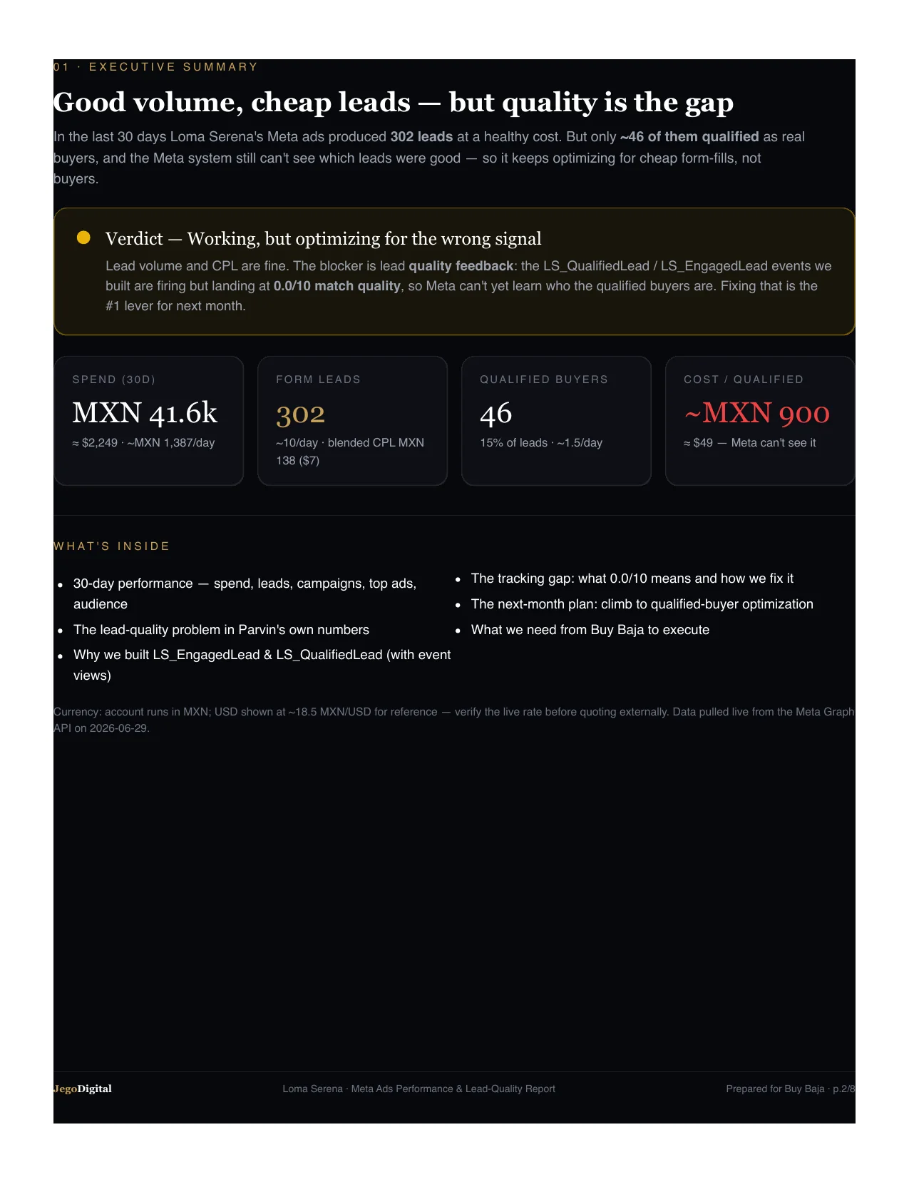 Executive summary of the report: spend, leads, qualified buyers and cost per qualified lead