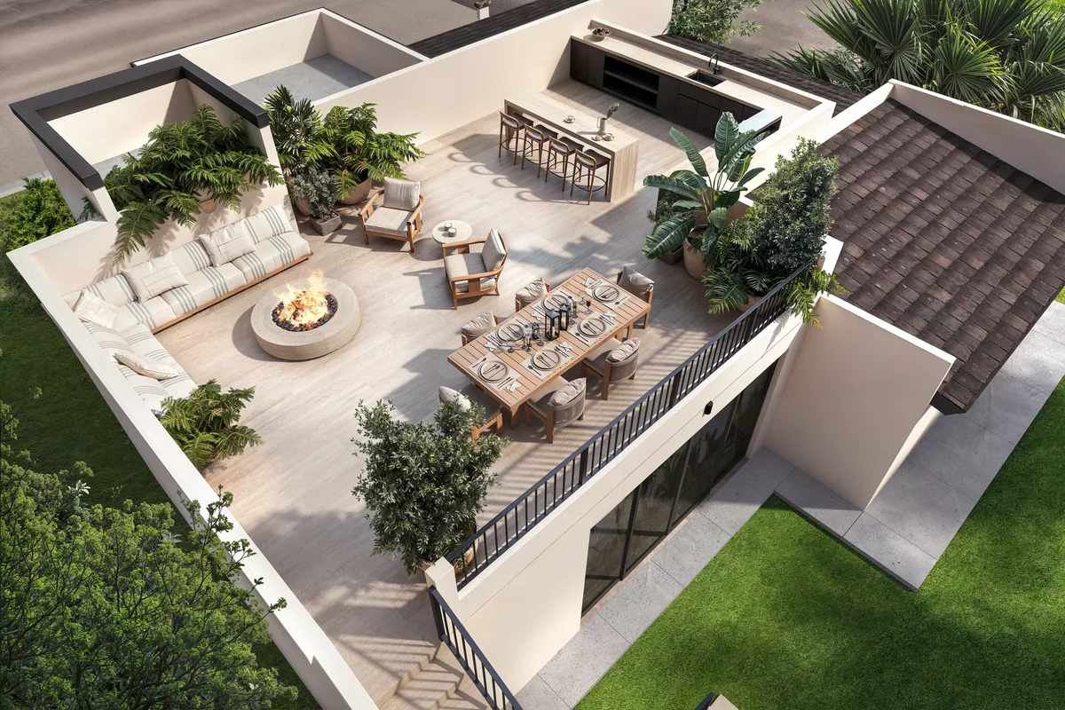 Architectural render rooftop infinity pool sunset