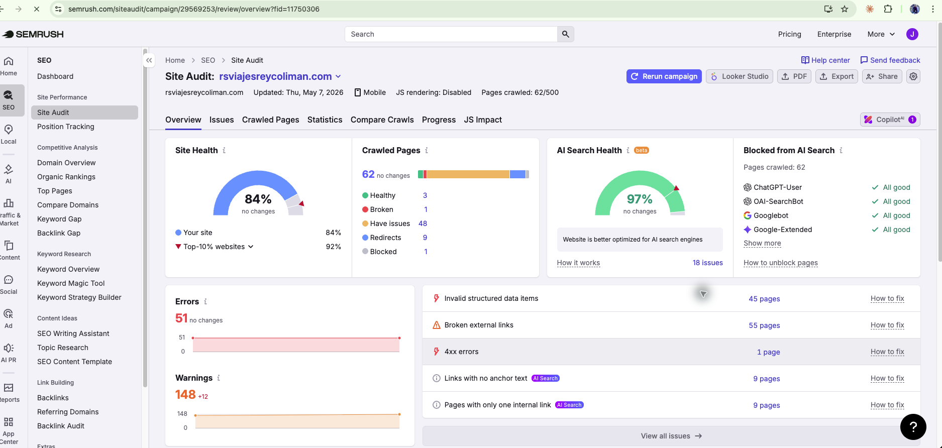 RS Viajes Semrush Site Audit — 97% AI Search Health and 84% Site Health