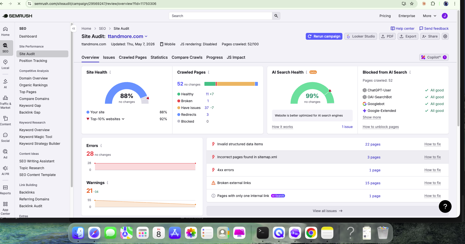 TT&More Semrush Site Audit — 99% AI Search Health and 88% Site Health
