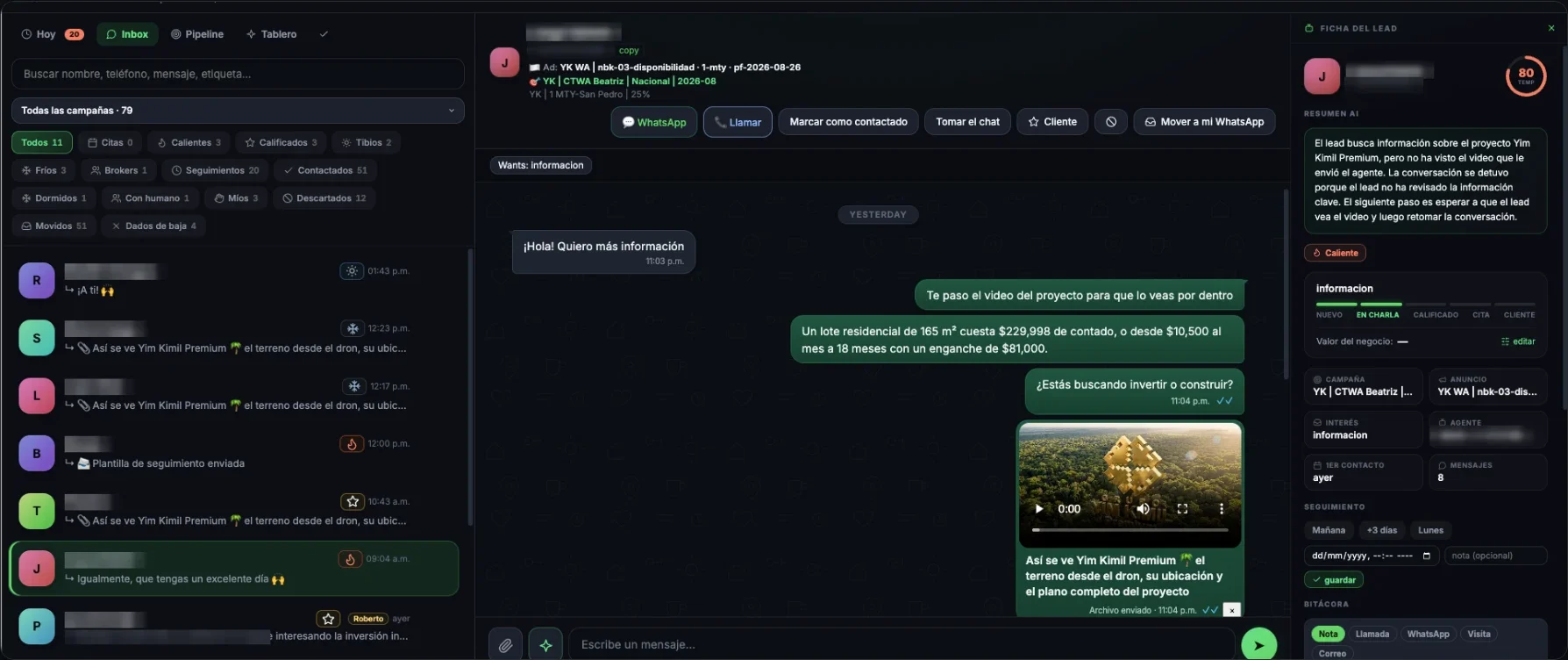 Yim Kimil panel: Beatriz, the WhatsApp AI agent, answering a new lead with the price, a qualifying question and the project video. Lead names and phone numbers hidden for privacy.