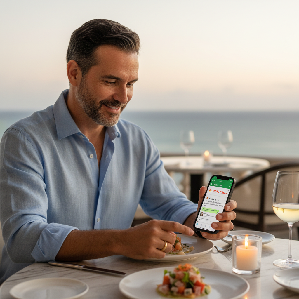 CEO de inmobiliaria recibiendo alerta de lead caliente de Sofía AI mientras cena en restaurante de Cancún