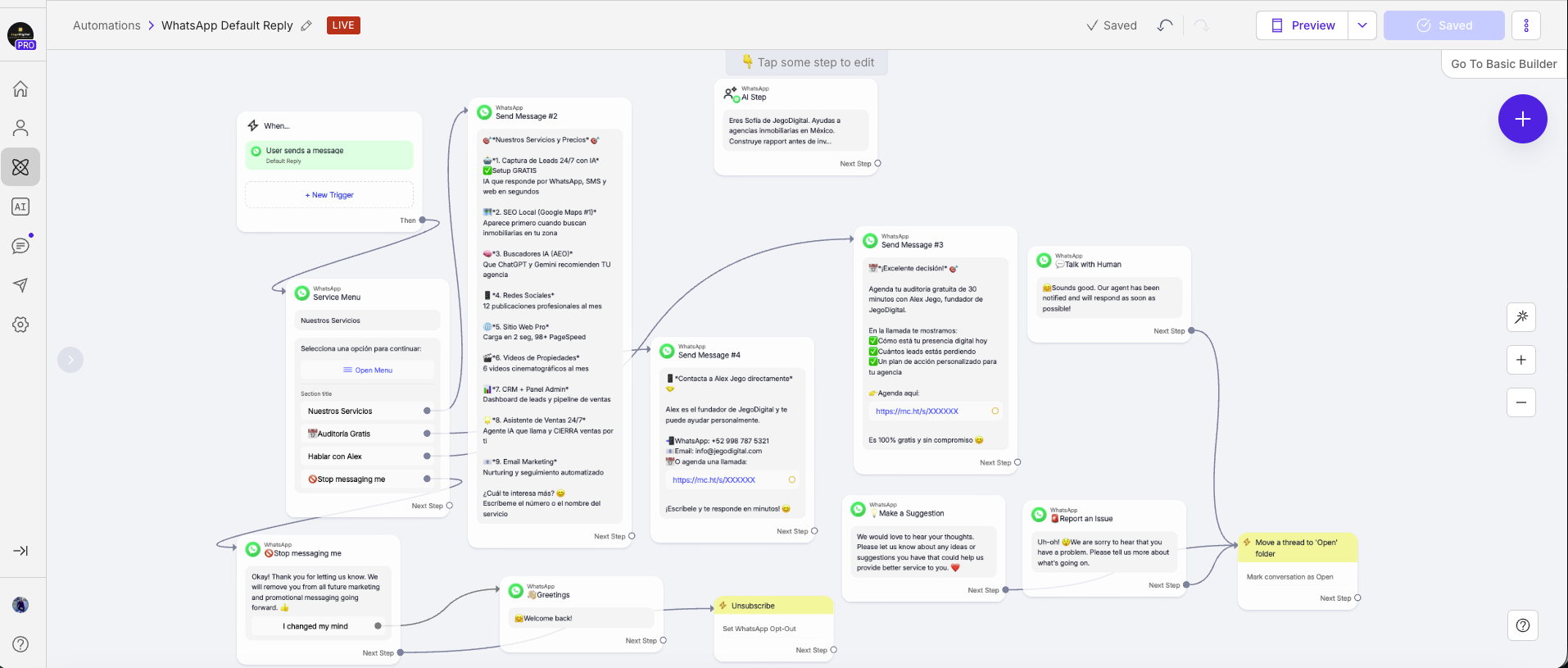 ManyChat WhatsApp Default Reply — Flujo real de JegoDigital